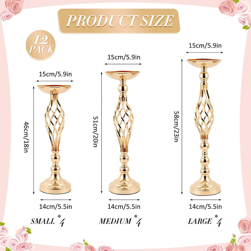 12 Pcs Metal Wedding Flower Stand Bulk Table Centerpieces, Tall Golden Flower Arrangement Vase Candle Holder Stand for Wedding Reception, Birthday, Party, Hotel Decor, Twist Style, 3 Sizes