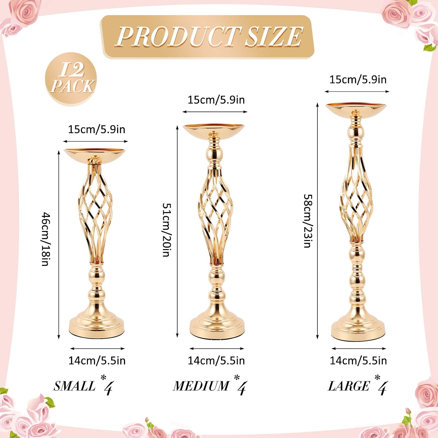 12 Pcs Metal Wedding Flower Stand Bulk Table Centerpieces, Tall Golden Flower Arrangement Vase Candle Holder Stand for Wedding Reception, Birthday, Party, Hotel Decor, Twist Style, 3 Sizes