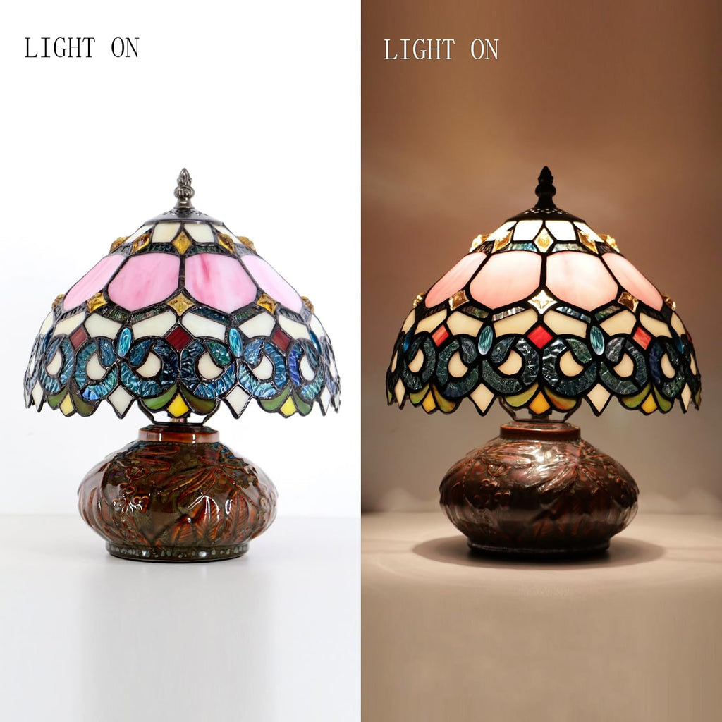 Small Tiffany Table Lamp, 10X10X11 Inch Mini Stained Glass Mushroom Desk Light Memory Sympathy Ceramic lamp (Pink Baroque Style)