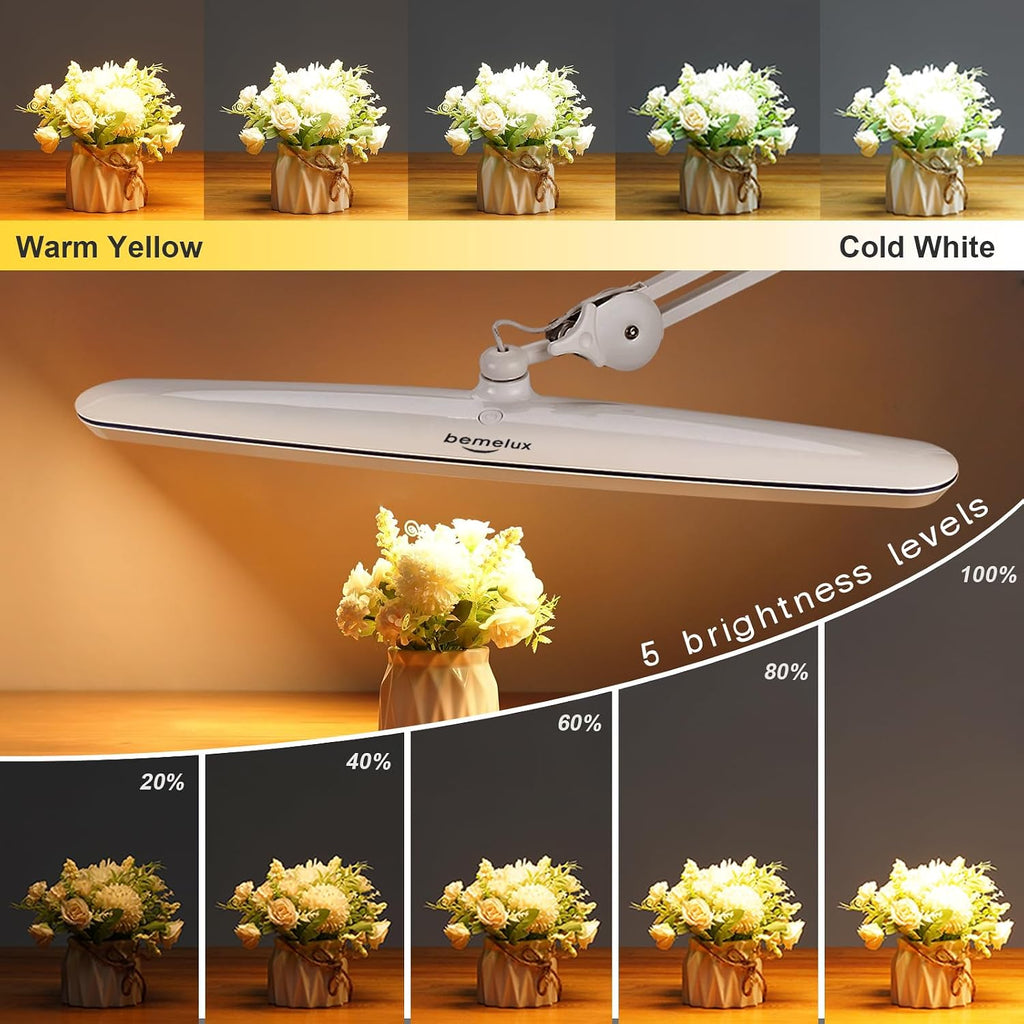 Task Lamp with Clamp, 23 Inch Lamp Head, Bright 182PCS LEDs,3 Color Temperatures, 4 Brightness Levels, Metal Swing Arm 20W 2200 Lumen Dimmable Led Desk Lamp (White, CCT)
