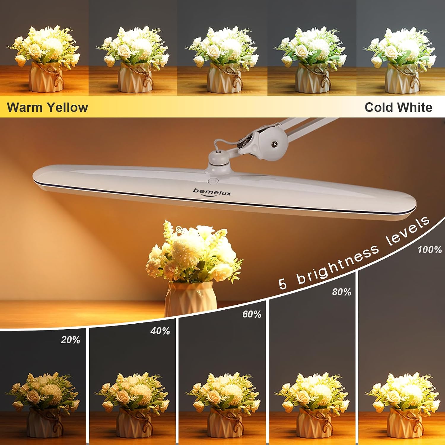 Task Lamp with Clamp, 23 Inch Lamp Head, Bright 182PCS LEDs,3 Color Temperatures, 4 Brightness Levels, Metal Swing Arm 20W 2200 Lumen Dimmable Led Desk Lamp (White, CCT)
