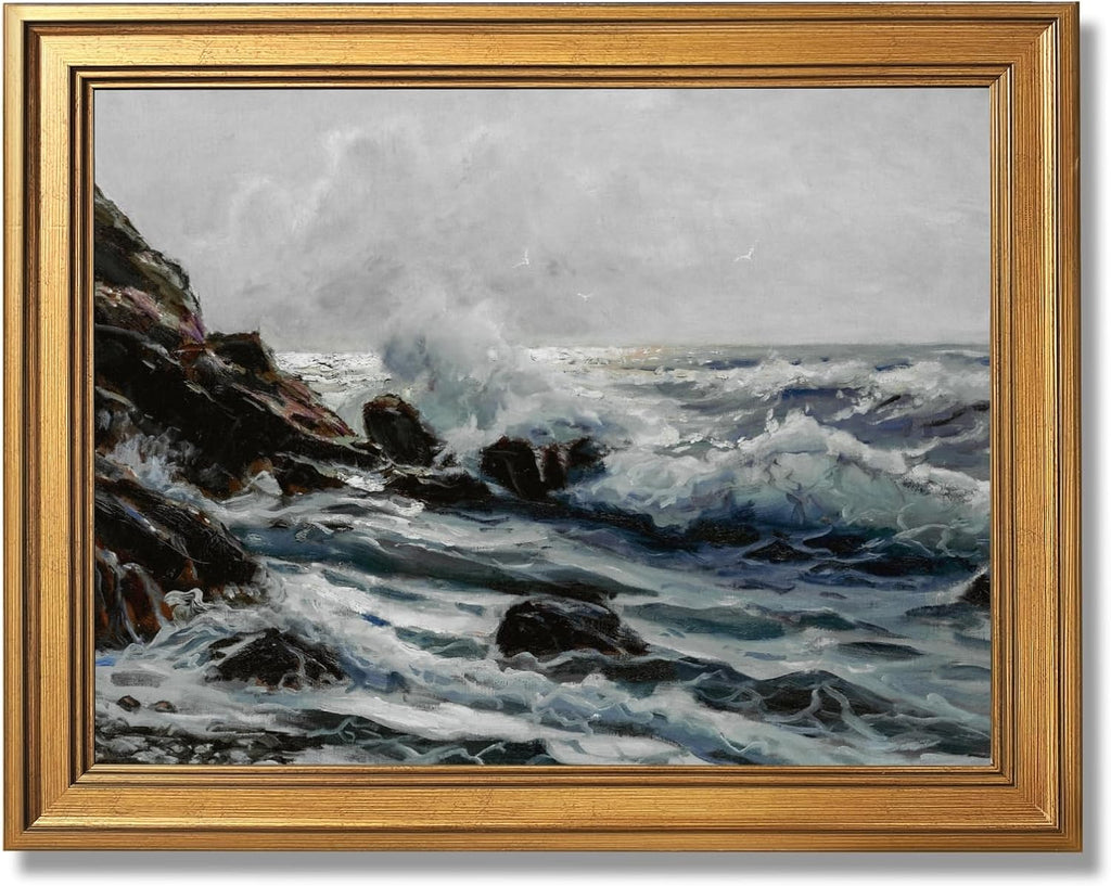 Moody Wave-Crashed Rocks Wall Art Vintage Minimalist Stormy Seascape Canvas Print Impressionist Classic Nautical Poster for Bedroom Living Room Maritime Artwork Home Wall DecorGolden frame24X36inch