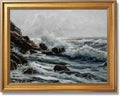 Moody Wave-Crashed Rocks Wall Art Vintage Minimalist Stormy Seascape Canvas Print Impressionist Classic Nautical Poster for Bedroom Living Room Maritime Artwork Home Wall DecorGolden frame24X36inch