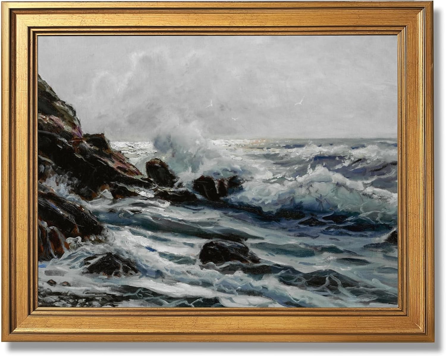 Moody Wave-Crashed Rocks Wall Art Vintage Minimalist Stormy Seascape Canvas Print Impressionist Classic Nautical Poster for Bedroom Living Room Maritime Artwork Home Wall DecorGolden frame24X36inch