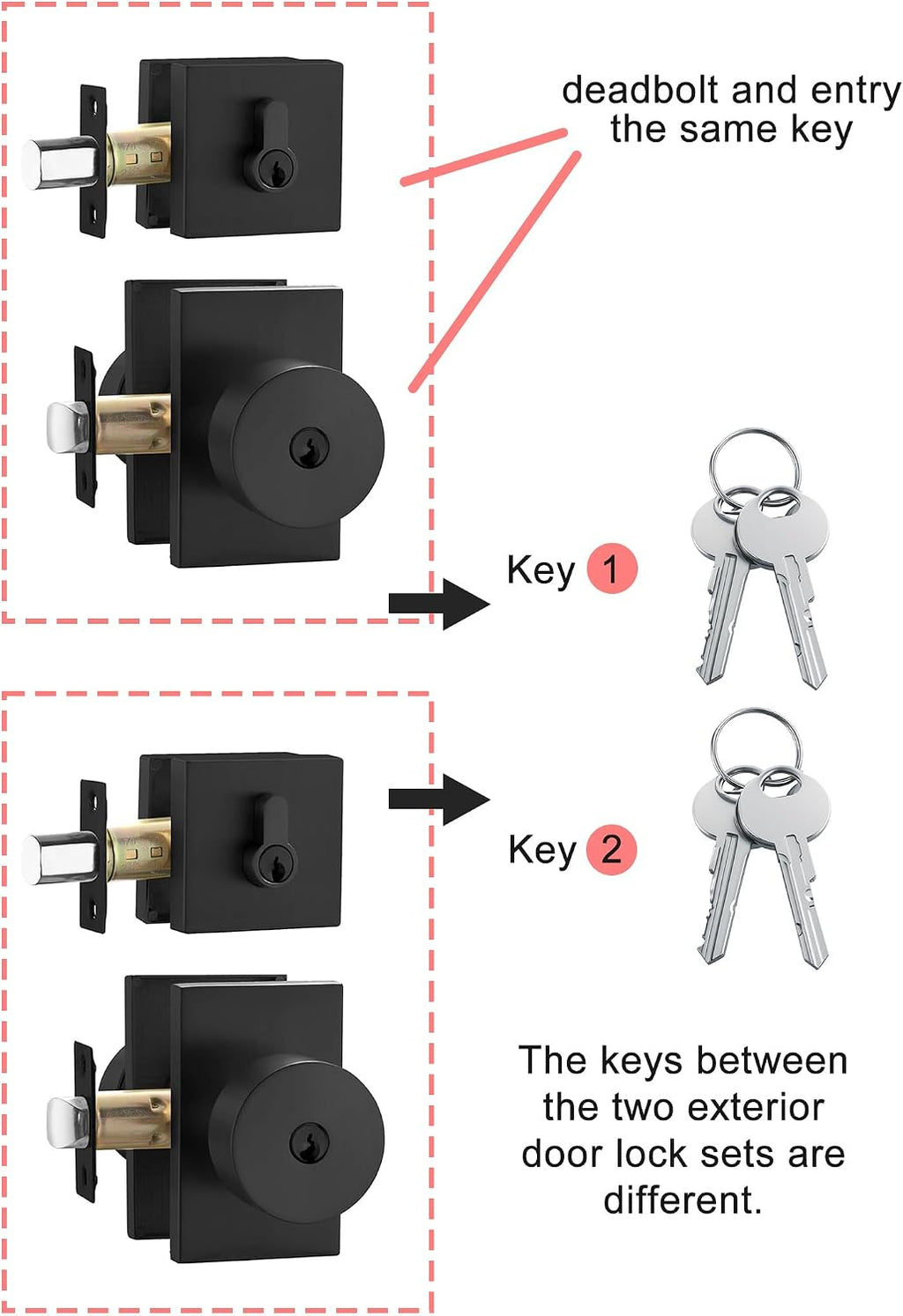 Haidms Black Door Knob with Deadbolt, Zinc Alloy Matte Black Exterior Door Lock Set, Heavy Duty Front Door Knob and Deadbolt Set with Lock and Key, Reversible Modern Secure Entry Hardware (2 Pack)