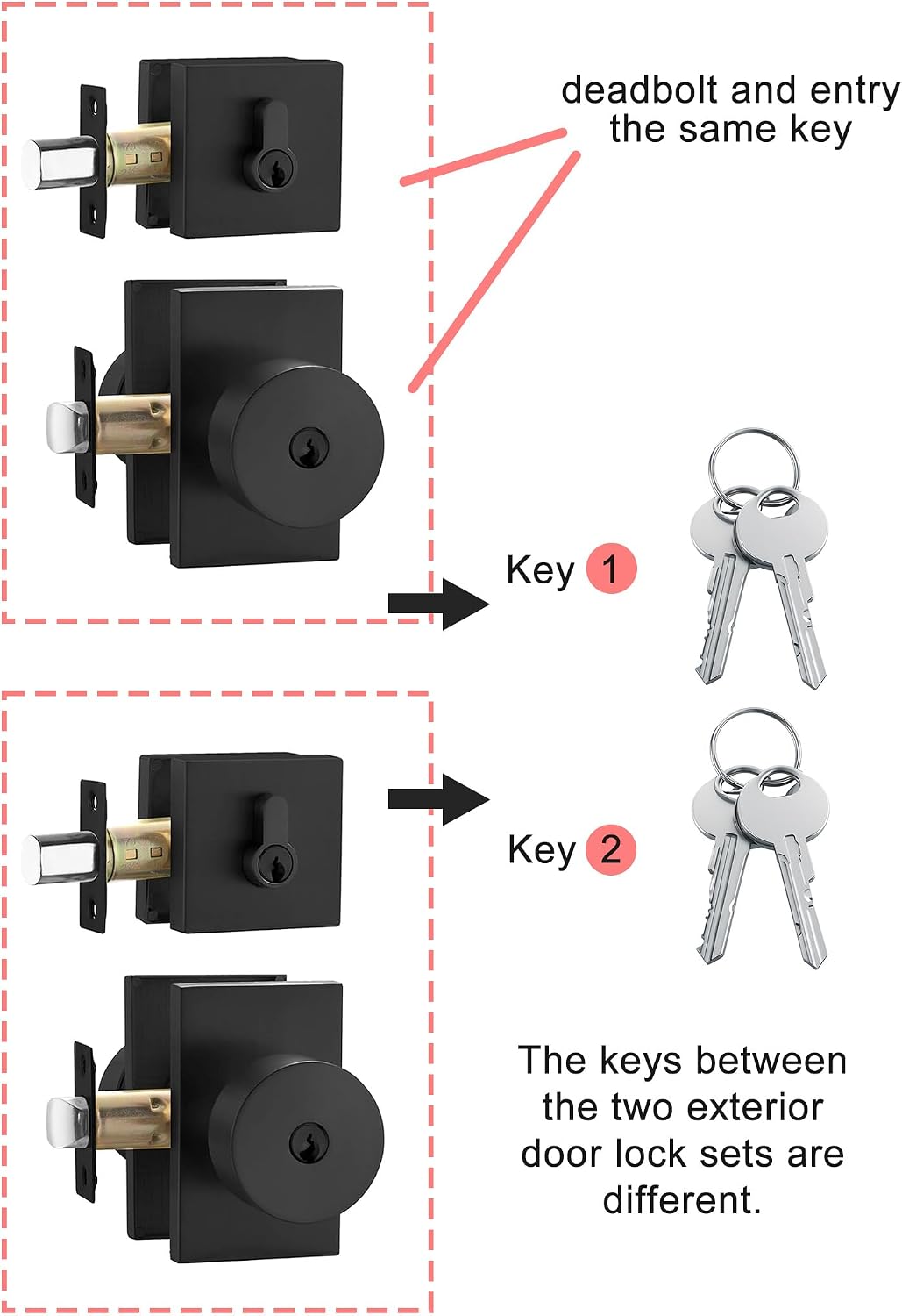 Haidms Black Door Knob with Deadbolt, Zinc Alloy Matte Black Exterior Door Lock Set, Heavy Duty Front Door Knob and Deadbolt Set with Lock and Key, Reversible Modern Secure Entry Hardware (2 Pack)