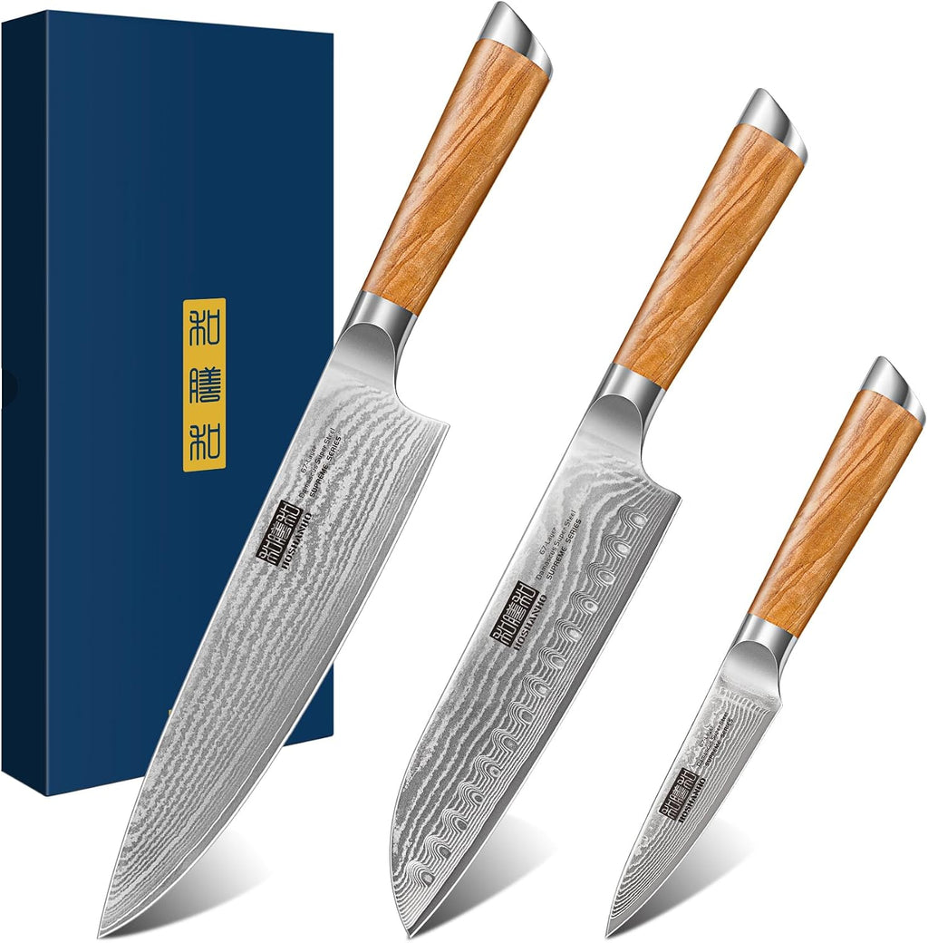 HOSHANHO Damascus Kitchen Knife Set 3-Piece, Ultra Sharp 8' Chef Knife, 7' Santoku Knife, 3.75' Paring Knife, Professional 10Cr15CoMoV Damascus Super Steel Chef Knife Set with Ergonomic Handle