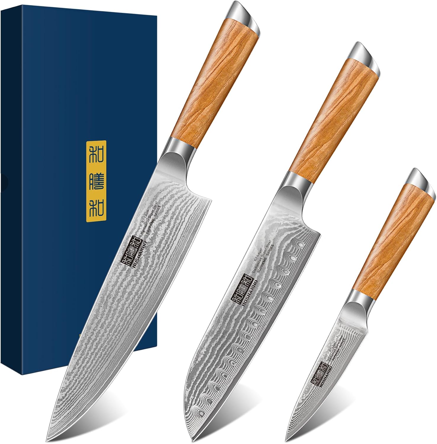 HOSHANHO Damascus Kitchen Knife Set 3-Piece, Ultra Sharp 8' Chef Knife, 7' Santoku Knife, 3.75' Paring Knife, Professional 10Cr15CoMoV Damascus Super Steel Chef Knife Set with Ergonomic Handle