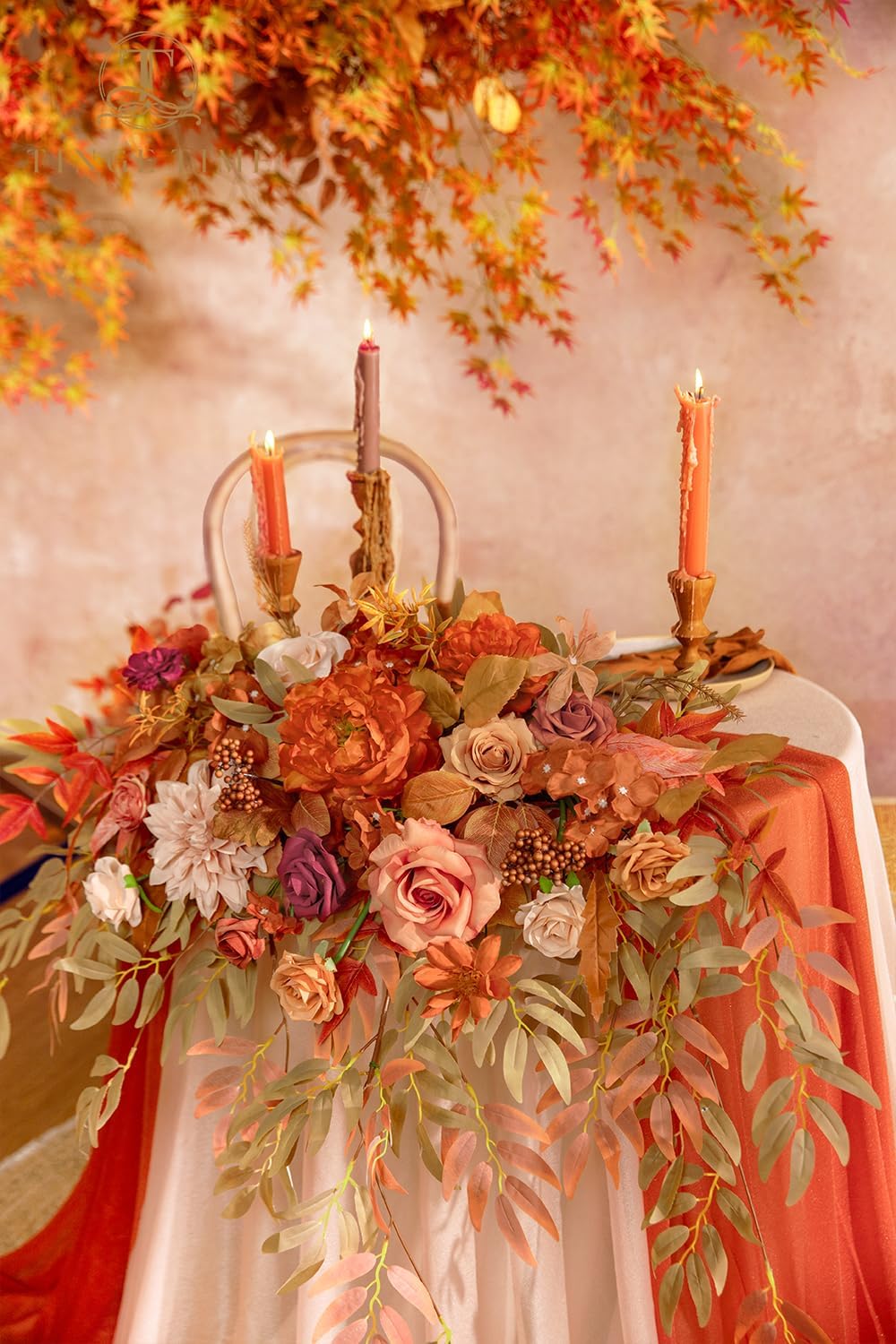 TINGE TIME Artificial Sweetheart Flower Swag with Tablecloth and Table Runner, Pack of 3 Floral Arrangement for Autumn Wedding Sweetheart Table Centerpiece Fall Decoration (Maple Red)