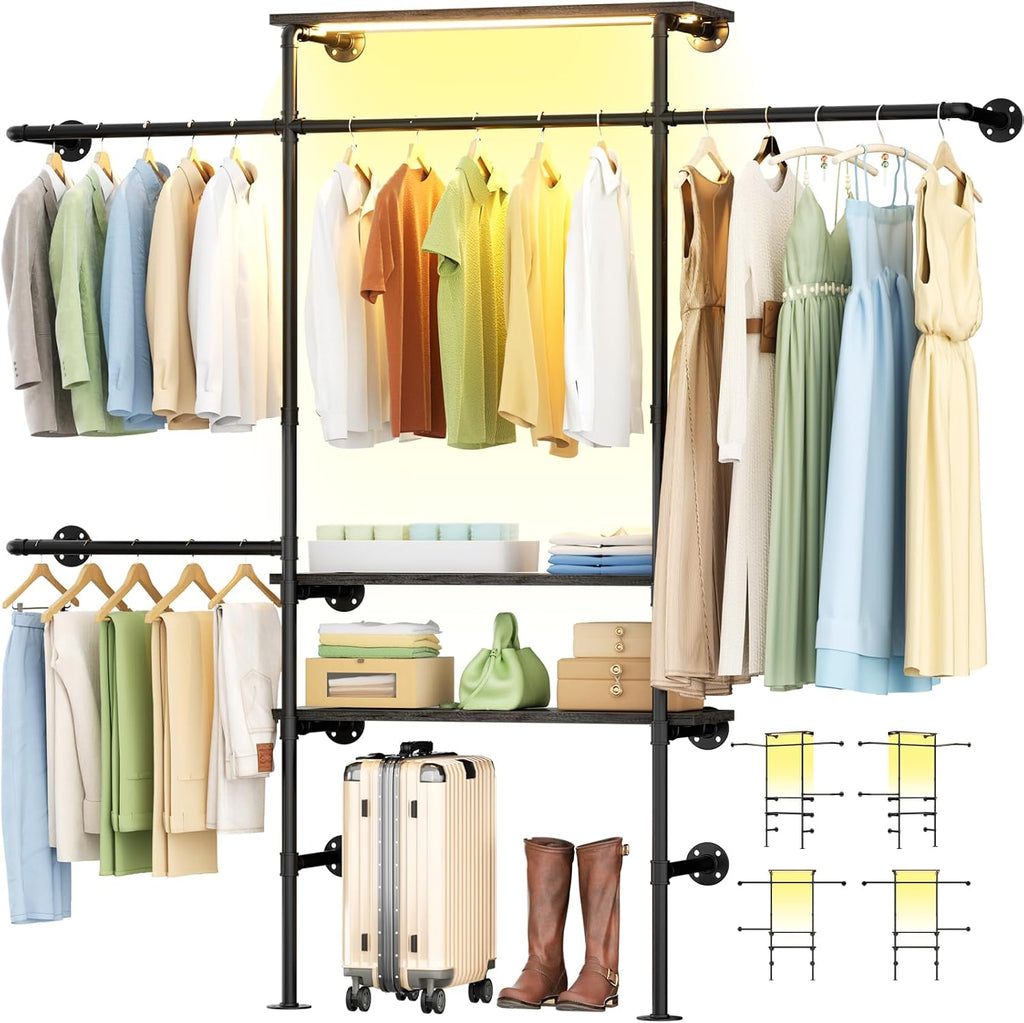 Cyclysio Industrial Pipe Clothing Rack, Reversible 7.25FT Wall Mounted Clothes Rack, Heavy Duty Garment Racks Closet Wardrobe with LED Lights& Shelves, Walk-in Closet System, Grey