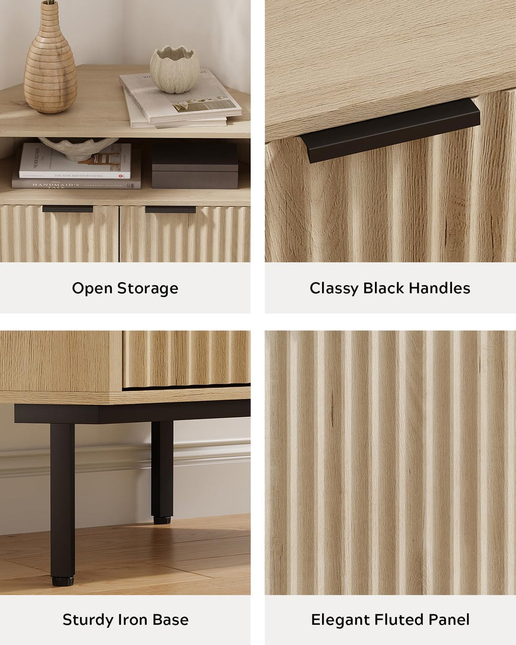 EYYTHUNG Fluted Corner Cabinet, Modern Small Corner Floor Cabinet with 2 Doors & Adjustable Shelf, Wooden Freestanding Narrow Storage Organizer for Small Space,Living Room, Dining Room, Light Oak