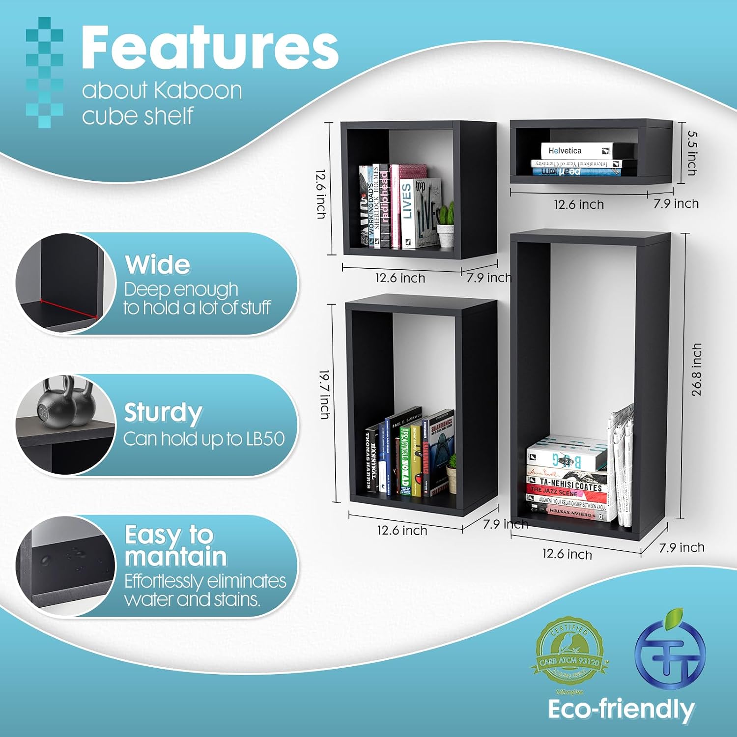 Kaboon Wall Mount Shelf Set of 4, Floating Cube Shelves for Space Discovery Home and Commercial Use, Large Size Shelves Set, Black