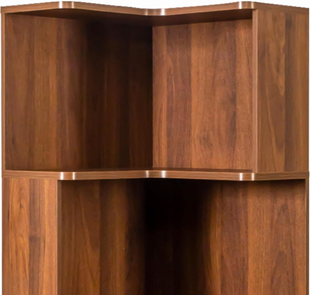 5-Tier Corner Bookshelf, L-Shaped Wood Corner Shelf with LED Lights and Baffle, Farmehouse Bookcase for Home Office Living Room Apartment, Walnut