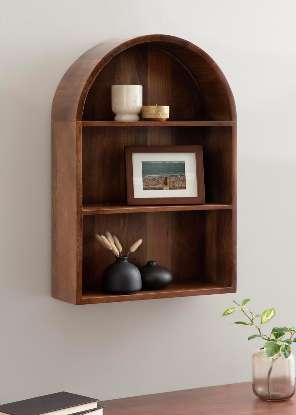Kate and Laurel Arcott Modern Arched Wall Shelf, 18 x 26, Walnut Brown, Transitional Arch Wall Shelves for Over-the-Toilet Storage or Entryway Storage Shelf
