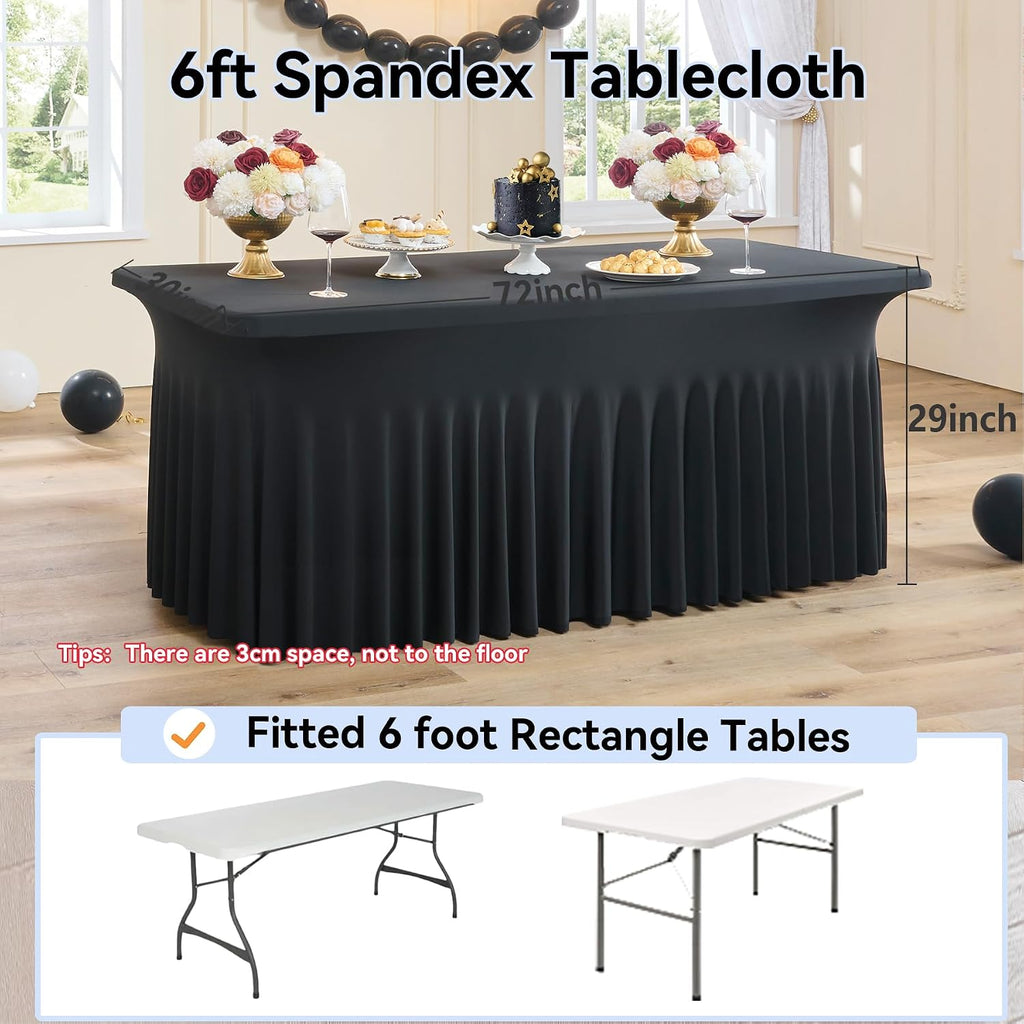 12 pk Black Spandex Tablecloth 6ft with Ruffled Skirt,Wrinkle Free High Stretch Fitted Tablecloths for 6 Foot Rectangle Tables,Pleated Elastic Spandex Table Covers 6 ft for Parties Wedding Banquet