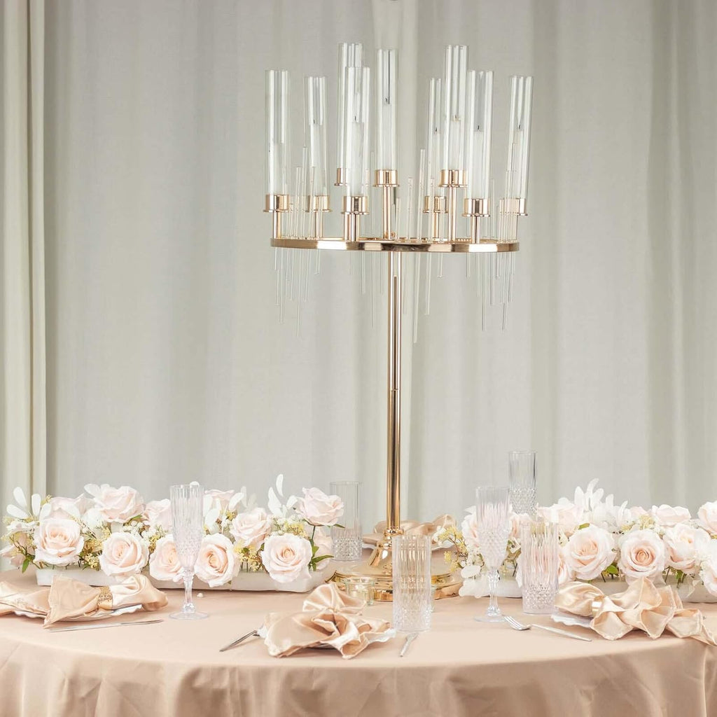 Efavormart 40' Tall 9-Arm Gold Candelabra Centerpiece, Luxury Taper Candle Holder with Clear Glass Hurricane Shades & Crystal Drip Accents for Weddings