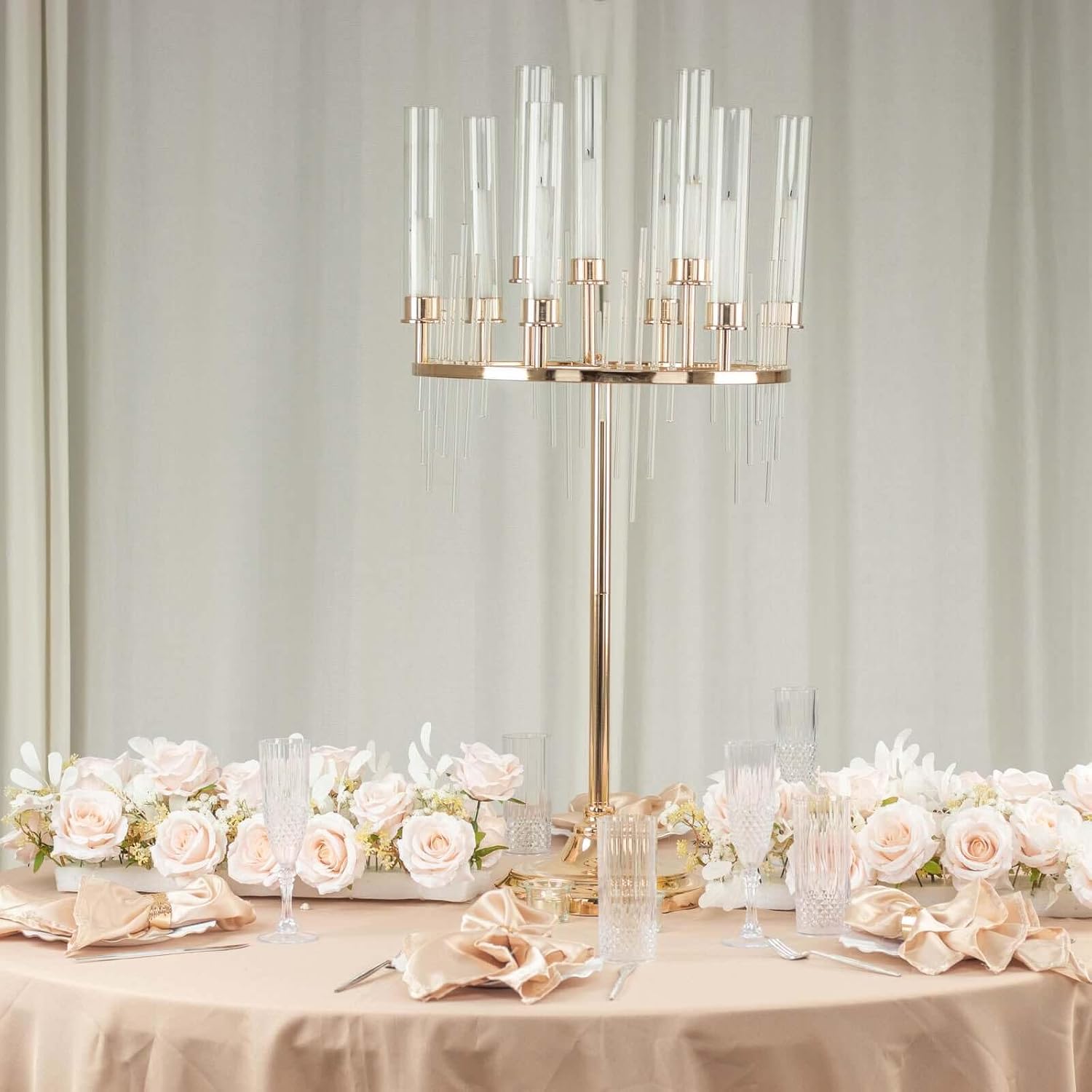 Efavormart 40' Tall 9-Arm Gold Candelabra Centerpiece, Luxury Taper Candle Holder with Clear Glass Hurricane Shades & Crystal Drip Accents for Weddings