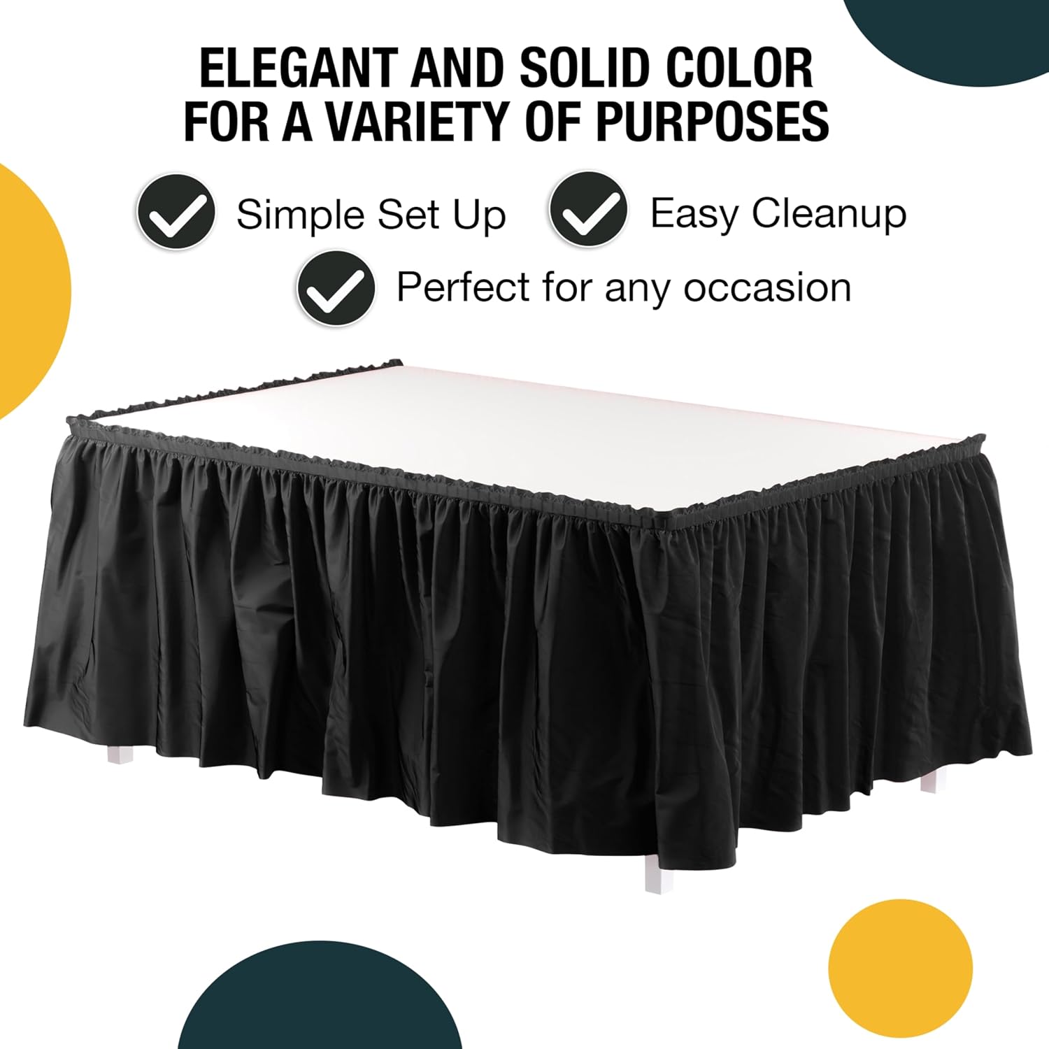 Exquisite Black Table Skirt 48 Pack - Disposable Plastic Table Skirts for Rectangle Tables 6ft 8ft & Round Tables - 29in x 14ft Self-Adhesive Strip - Birthday Wedding Gender Reveal Decor