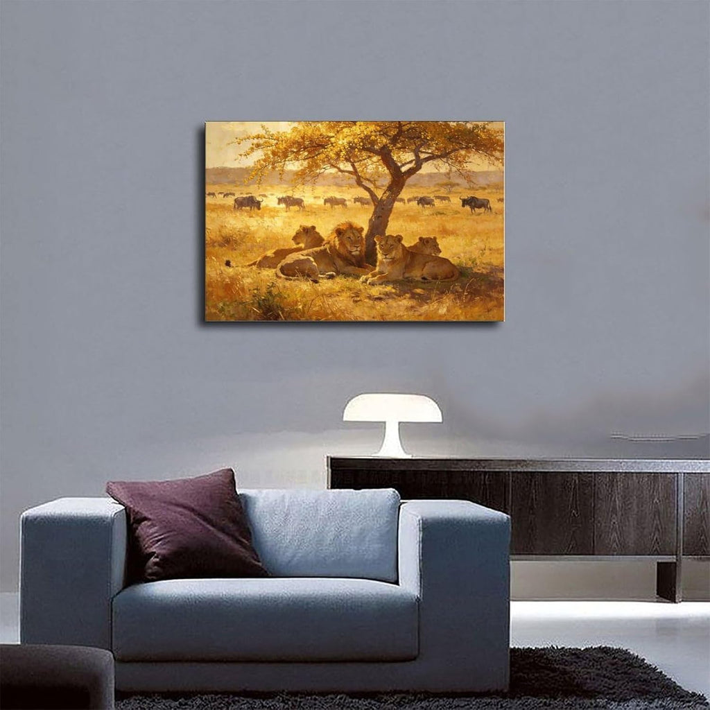 African Lions Wall Art Print, Lion Pride Resting Under Acacia Tree at Golden Sunset, Safari Wildlife Painting Poster 24x36inch(60x90cm)