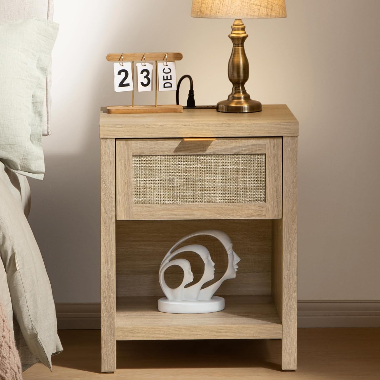 SICOTAS Night Stand Set of 2 with Charger Station Rattan Nightstands with Drawer Farmhouse Bedside Table with USB and Type-C Ports Boho End Side Table for Bedroom Small Space, Light Oak