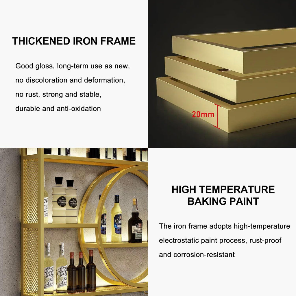 Wine Rack Wall Mounted with LED Light, 3-Tier Metal Bar Shelves for Liquor Bottles with Wine Glass Holder, Modern Large Capacity Liquor Display Shelf for Home Bar, Dining Room, Kitchen (Gold, 47.2in)