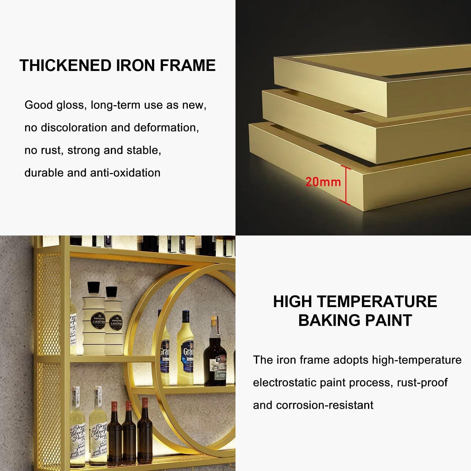 Wine Rack Wall Mounted with LED Light, 3-Tier Metal Bar Shelves for Liquor Bottles with Wine Glass Holder, Modern Large Capacity Liquor Display Shelf for Home Bar, Dining Room, Kitchen (Gold, 47.2in)
