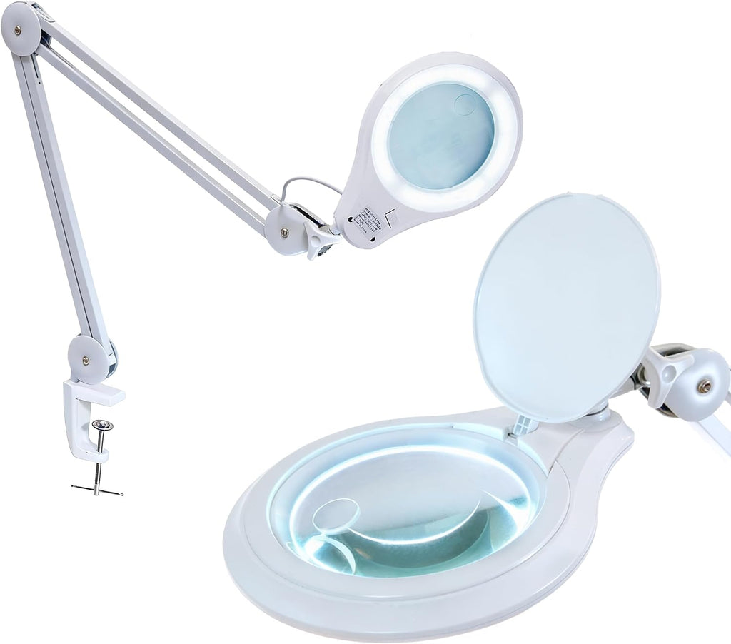 Neatfi LED Bifocal Magnifying Lamp 1,200 Lumens – 5' Glass Lens, Dual Magnification 2.25X/6X, Dimmable | Adjustable Arm with Clamp | Crafting, Jewelry & Reading (5 Diopter + 20 Diopter, White)