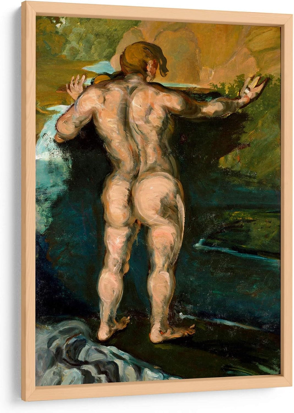 Canvas Lab | Bather and Rocks by Paul Cézanne | 15 x 23 in | Fine Art Framed Print, Frame Color: Natural | Classical art, Post Impressionism | Wall Decor for Bedroom, Living Room or Office