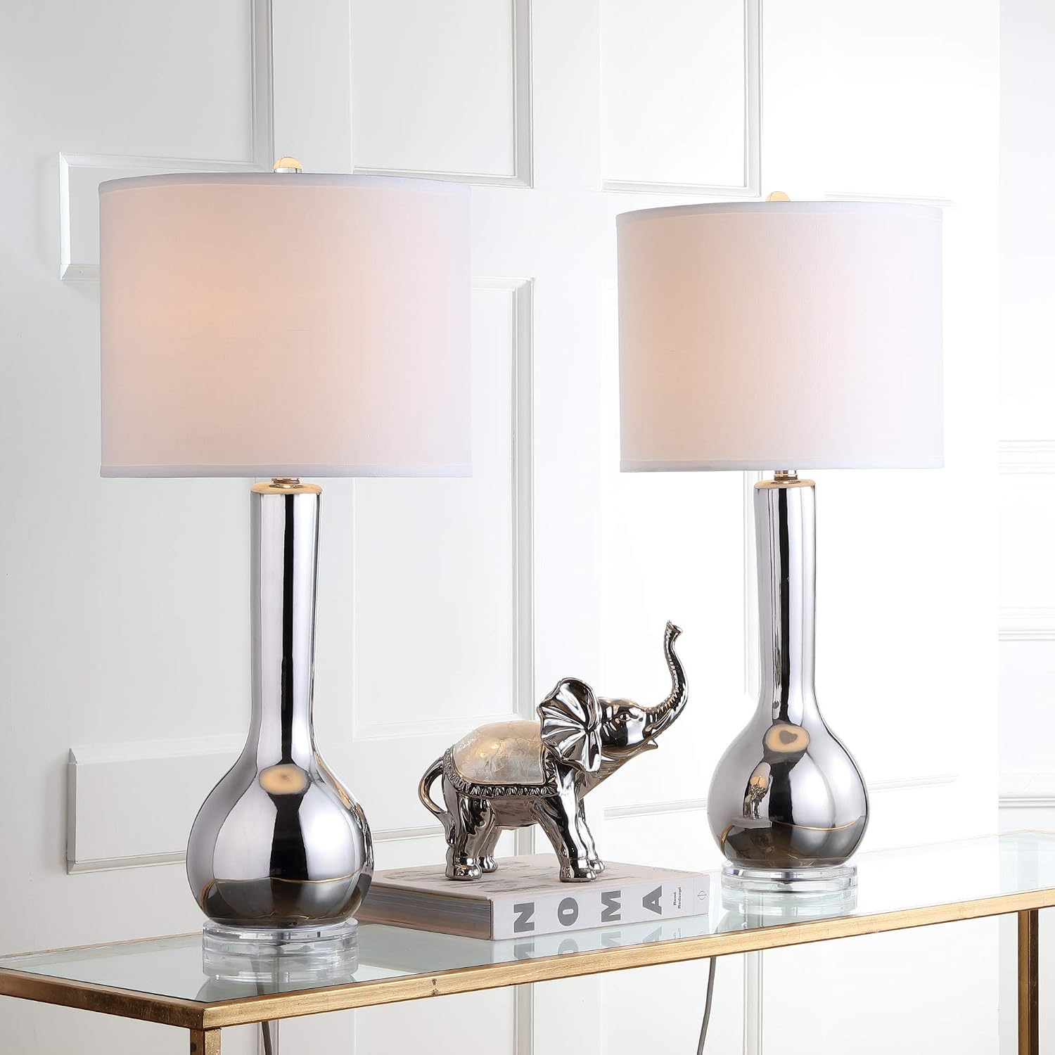 SAFAVIEH Lighting Collection Mae Long Neck Modern Contemporary Silver Ceramic 31-inch Bedroom Living Room Home Office Desk Nightstand Table Lamp Set of 2 (LED Bulbs Included)
