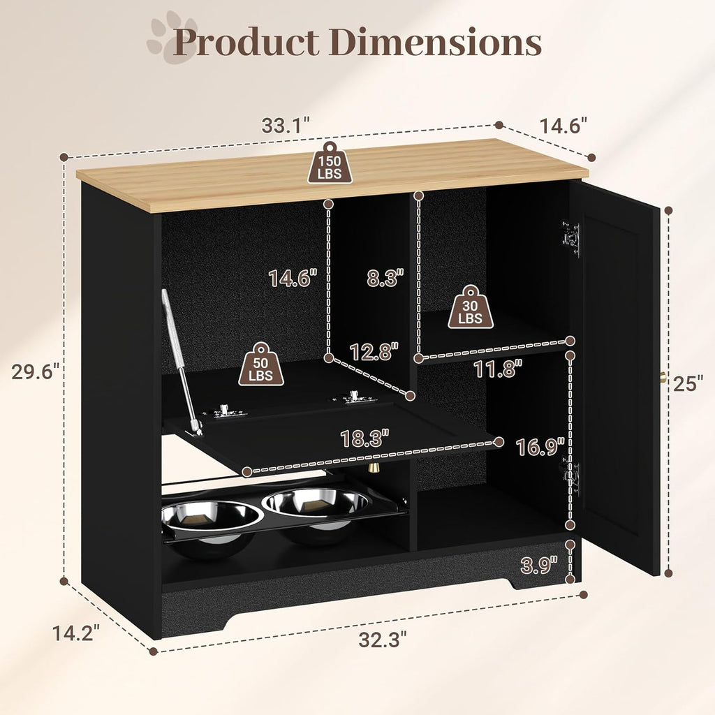 Rovibek Dog Food Storage Cabinet with 2 Raised Dog Bowls, Pet Food Cabinet Feeding Station with Tilt Out Storage Cabinets, Pet Feeding Station for 2 Dogs, Black