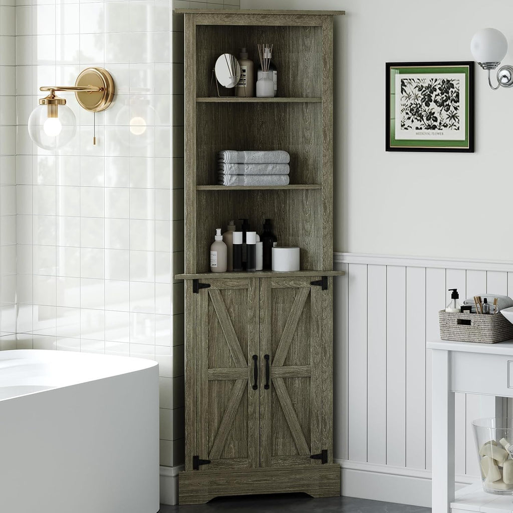 4 EVER WINNER Farmhouse Corner Cabinet, 68' Tall Corner Cabinet with 5-Tier Adjustable Shelves and Barn Doors for Small Spaces, Living Room, Dining Room, Hallway, Bathroom, Kitchen, Grey