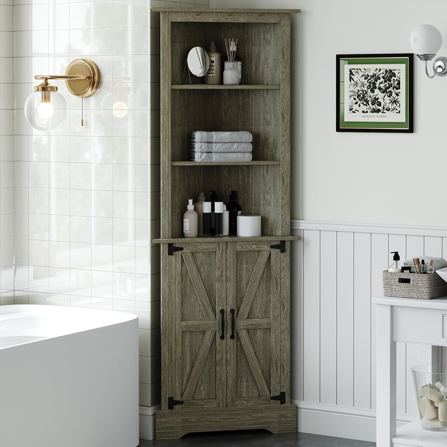 4 EVER WINNER Farmhouse Corner Cabinet, 68' Tall Corner Cabinet with 5-Tier Adjustable Shelves and Barn Doors for Small Spaces, Living Room, Dining Room, Hallway, Bathroom, Kitchen, Grey