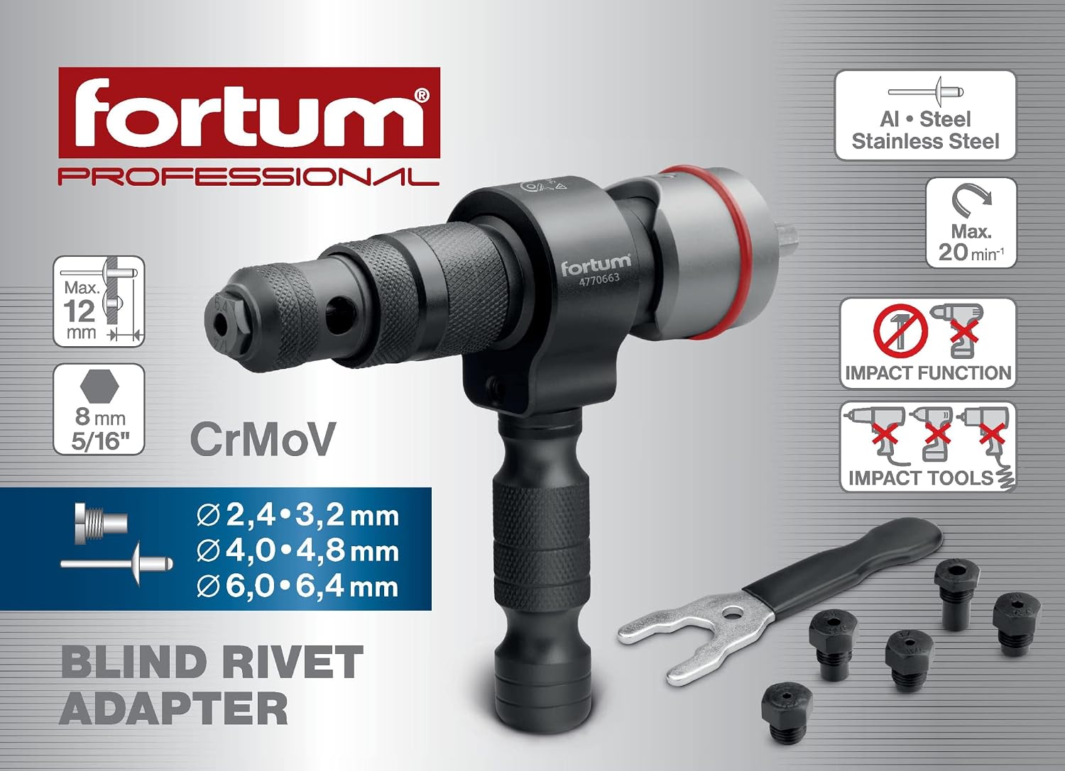 Heavy Duty Fortum Electric Blind Pop Riveter Rivet Gun Drill Attachment Kit with Torque Handle 2.4mm - 6.4 mm
