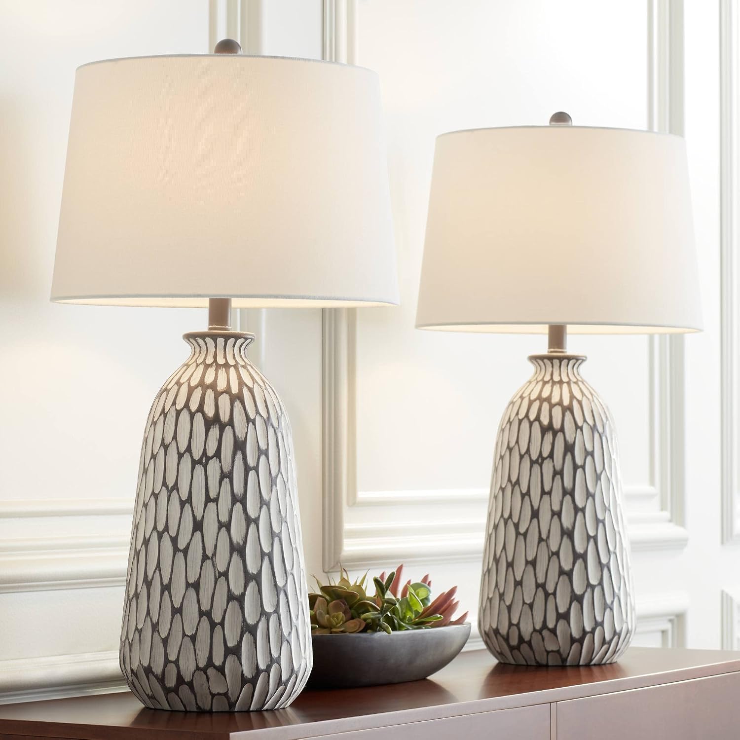 360 Lighting Carlton Modern Coastal Table Lamps 28 1/4' Tall Set of 2 Gray Wash Off White Fabric Tapered Drum Shade for Cottage Core Living Room Bedroom House Bedside Nightstand Home Office Family
