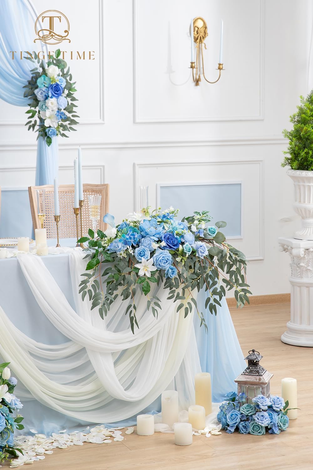 TINGE TIME Artificial Sweetheart Flower Swag with Tablecloth and Table Runner, Pack of 3 Floral Arrangement for Wedding Sweetheart Table Centerpiece Decoration Valentine's Day (Provence Blue)