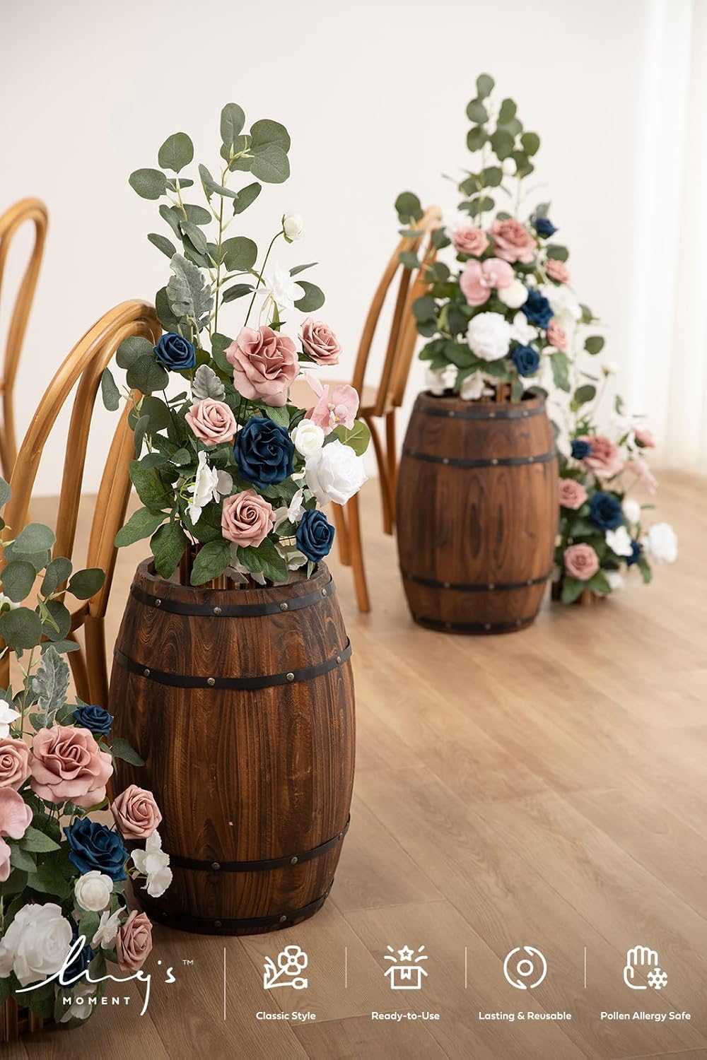 Ling's moment 17.5' Tall Standing Artificial Flowers Arrangements 4 pcs Wedding Aisle Runner Chair Decorations Dusty Rose Navy Centerpieces for Ceremony Reception Rose Floral Party Outdoor