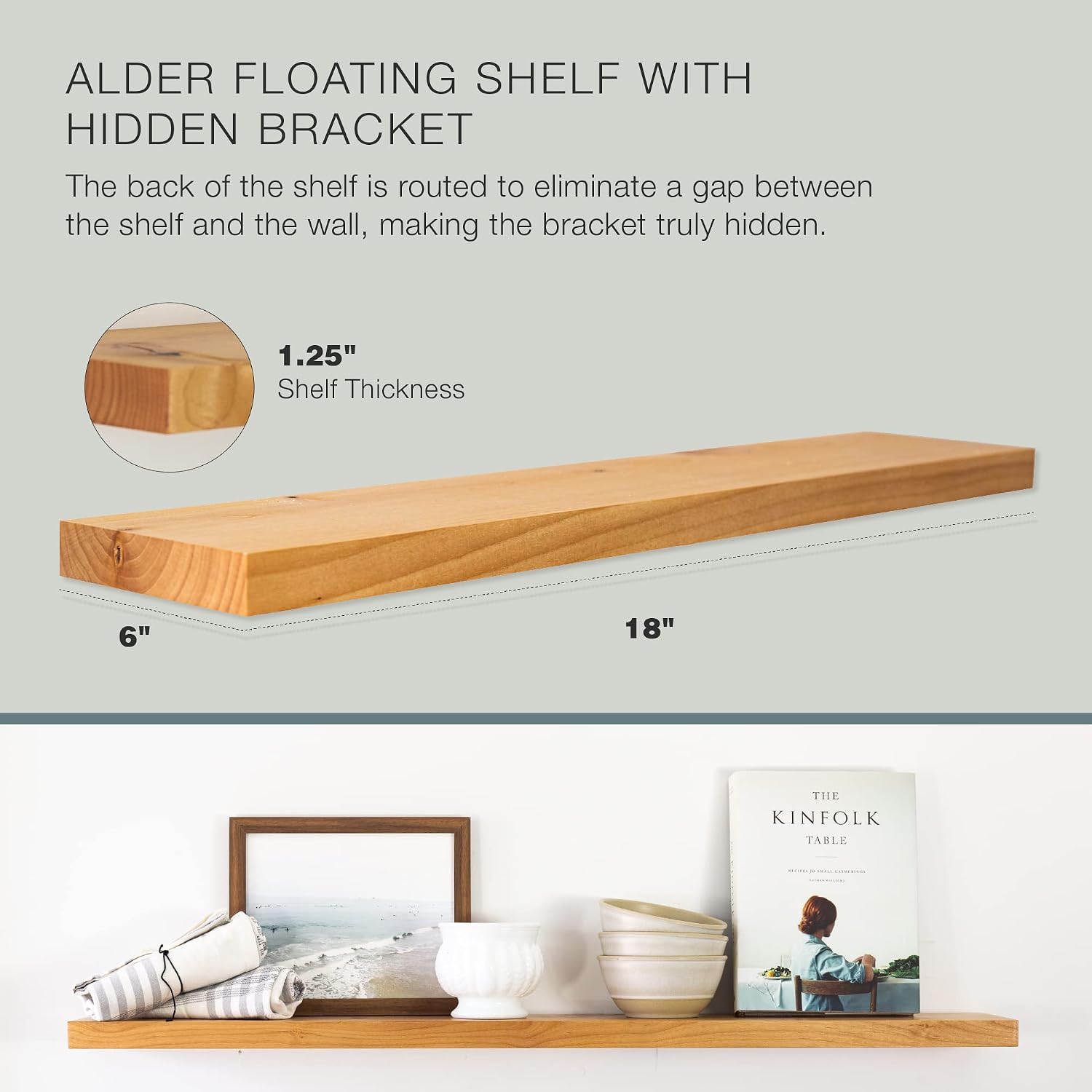 UltraShelf Solid Wood Floating Shelf for Wall Decor, Alder, 18'' Long x 6'' Deep,18'' width, 6'' depth