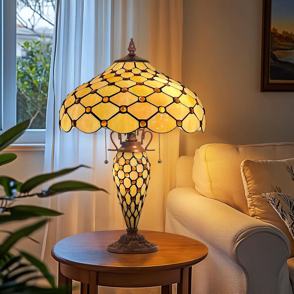 Capulina Tiffany Lamp Stained Glass Table Lamp with Nightlight 16X16X25 Inches Mother-Daughter Vase Amber Beads Tiffany Style Desk Lamp for Home Office Living Room Bedroom Study Room