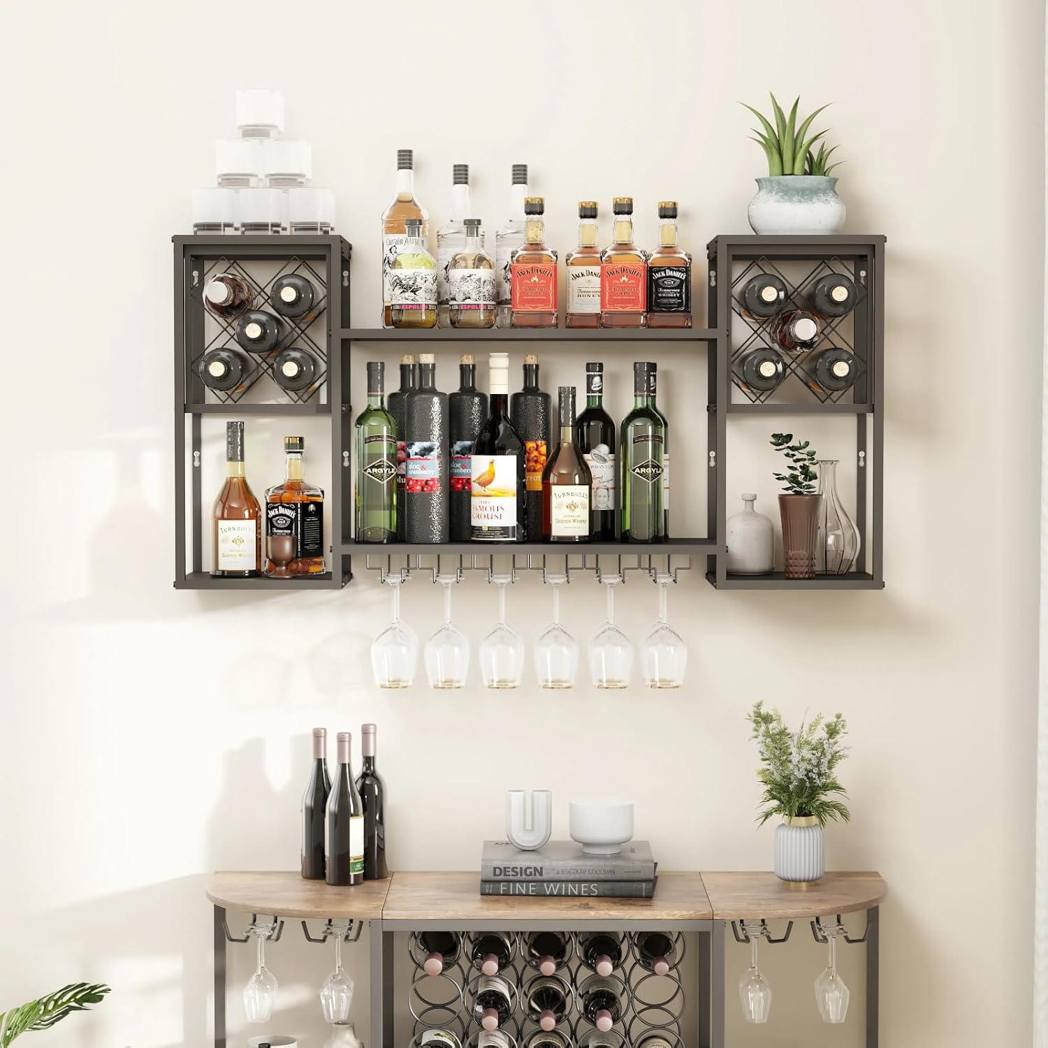 Wall Mounted Wine Rack with Glass Holder for Home Bar Storage | Display Spirits & Glasses in Restaurants, Home Kitchens or Studios. Provides Effortless Storage Access