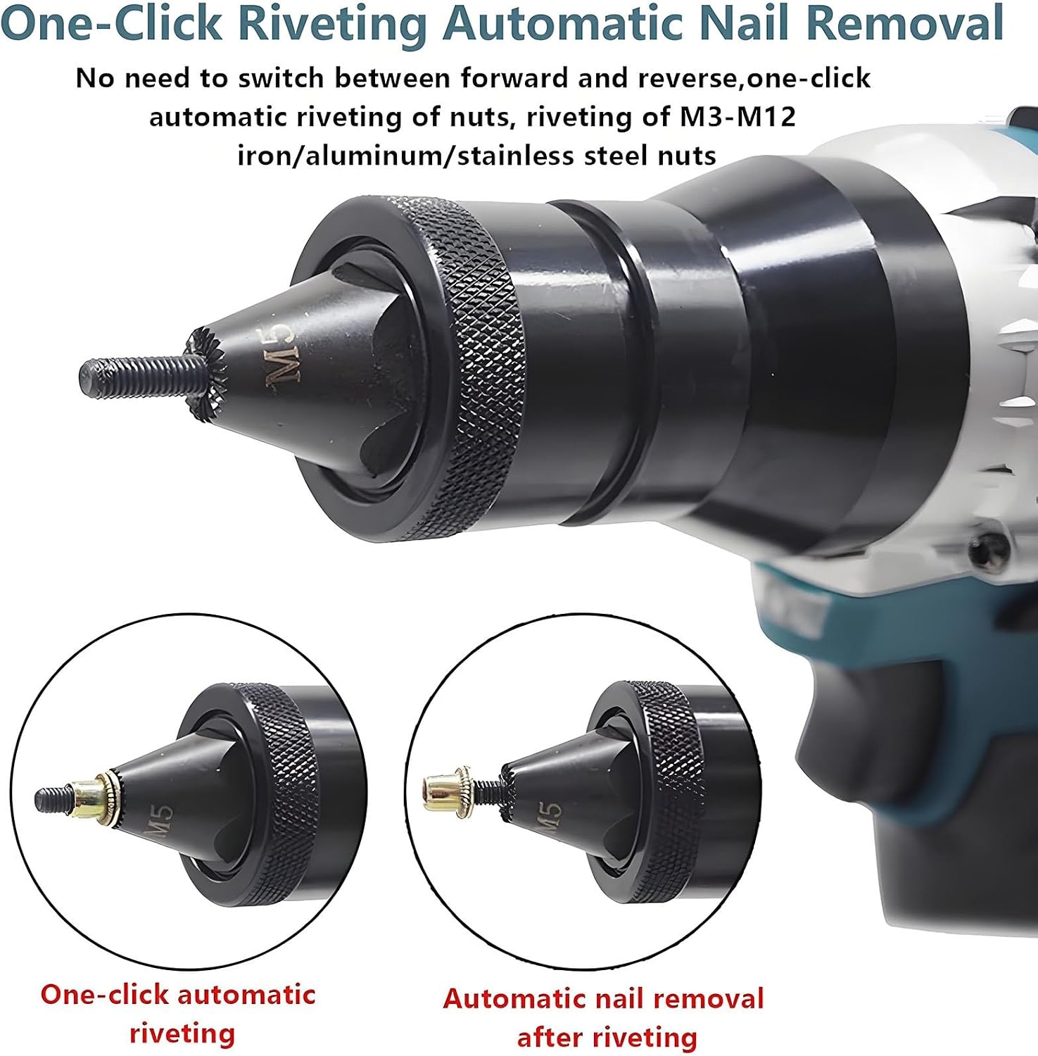 Cordless Rivet Nut Gun Set,Portable Automatic Rivet Gun with M3/M4/M5/M6/M8/M10/M12 Heads 5200mAh Battery Powered Pop Rivet Insert Installation Tool(1x5200mah)