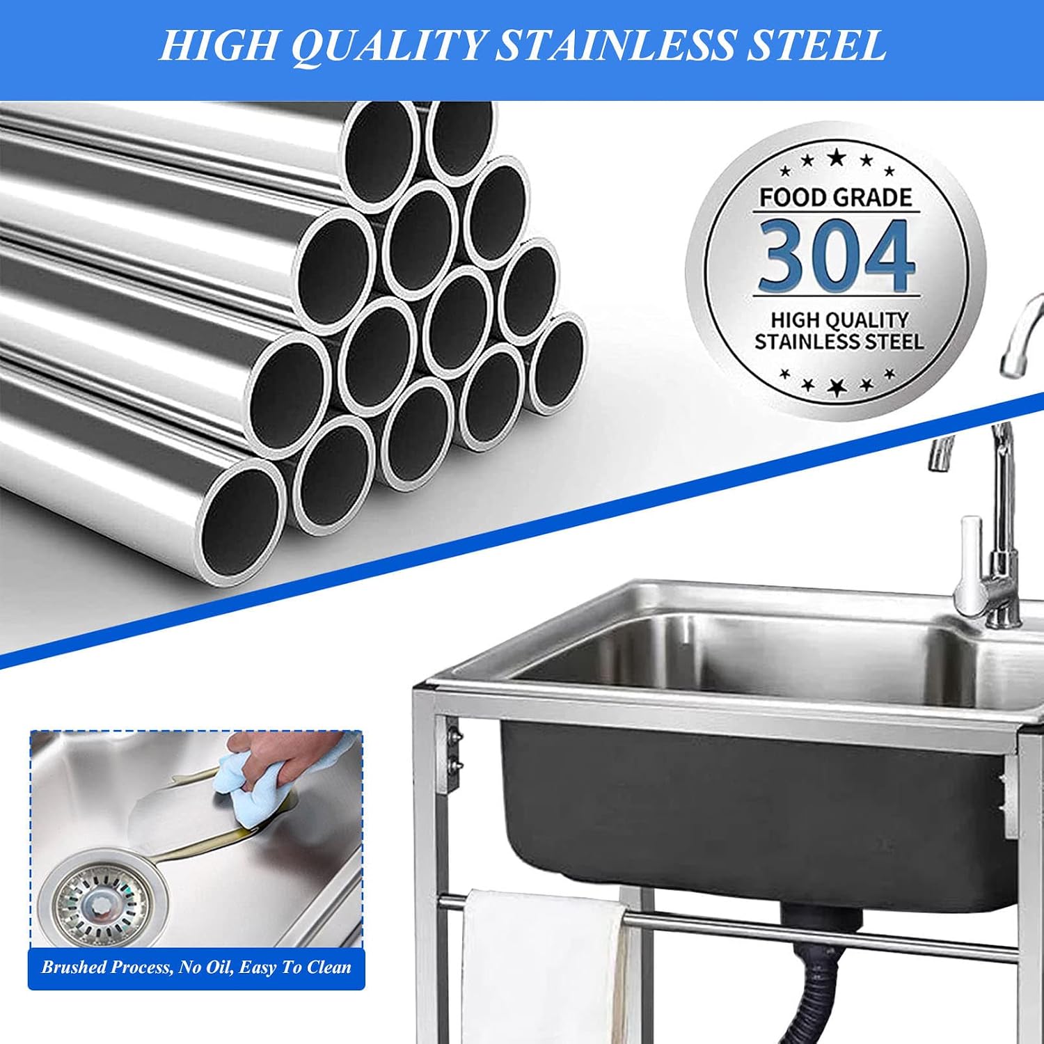 Free Standing Sink | 1 Compartment Commercial Kitchen Sink | Utility Prep Sinks | Single Bowl Sink | 304 Stainless Steel Sink | Extra-Deep Laundry Tub | Indoor-Outdoor Protable