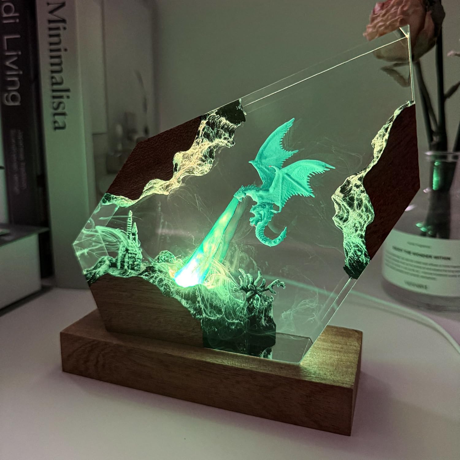 Epoxy Ice Dragon Resin Lamp, Handmade Resin Night Light with USB Port, Multi-Color LED Light, Ideal Home Bedroom Decor, Unique Birthday Holiday Gifts for Father Men Husband Boyfriend Him Kids (8'x5')