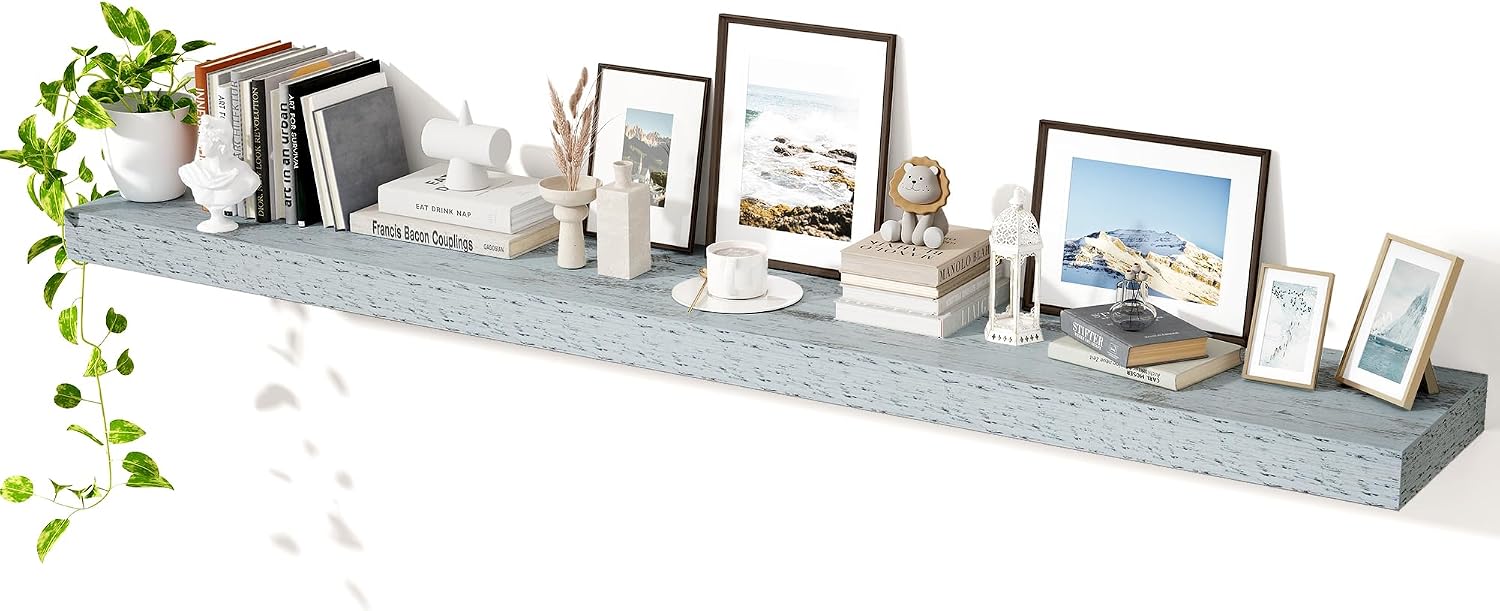 Axeman 72Inch Floating Shelves for Wall, Rustic Wood Shelves for Bedroom, Bathroom, Kitchen, Hanging Wall Mounted Shelf with Invisible Brackets for Books Decor, Set of 1, Rustic Blue