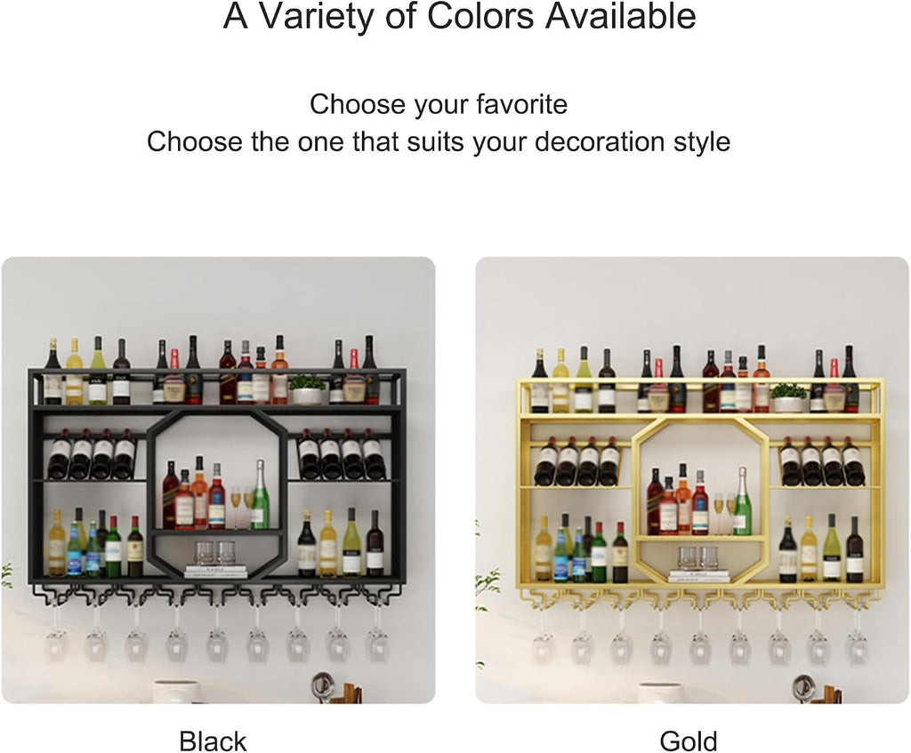Wall Mounted Wine Rack Floating Bar Shelves Liquor Shelf with Hanging Wine Glass Holder for Liquor Bottles Whiskey Display Shelf for Home Bar Dining Room Kitchen(Gold,120cm/47.2in)