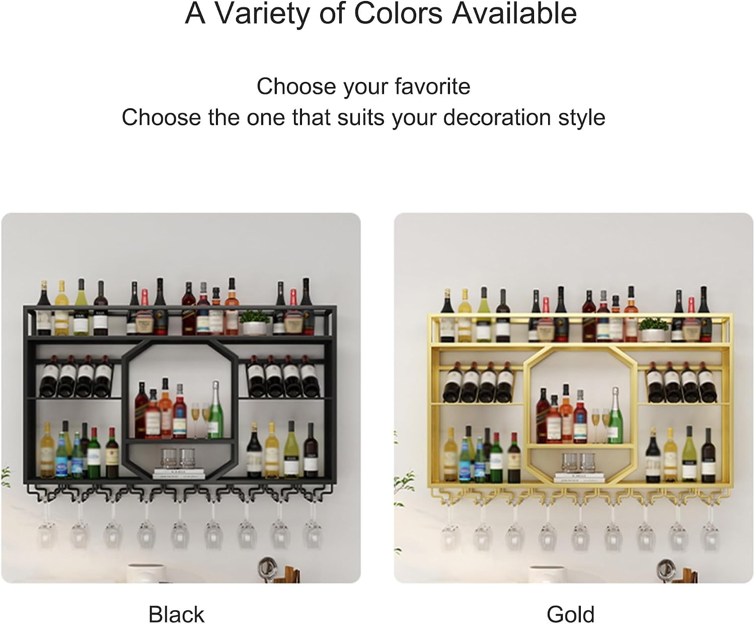 Wall Mounted Wine Rack Floating Bar Shelves Liquor Shelf with Hanging Wine Glass Holder for Liquor Bottles Whiskey Display Shelf for Home Bar Dining Room Kitchen(Gold,120cm/47.2in)
