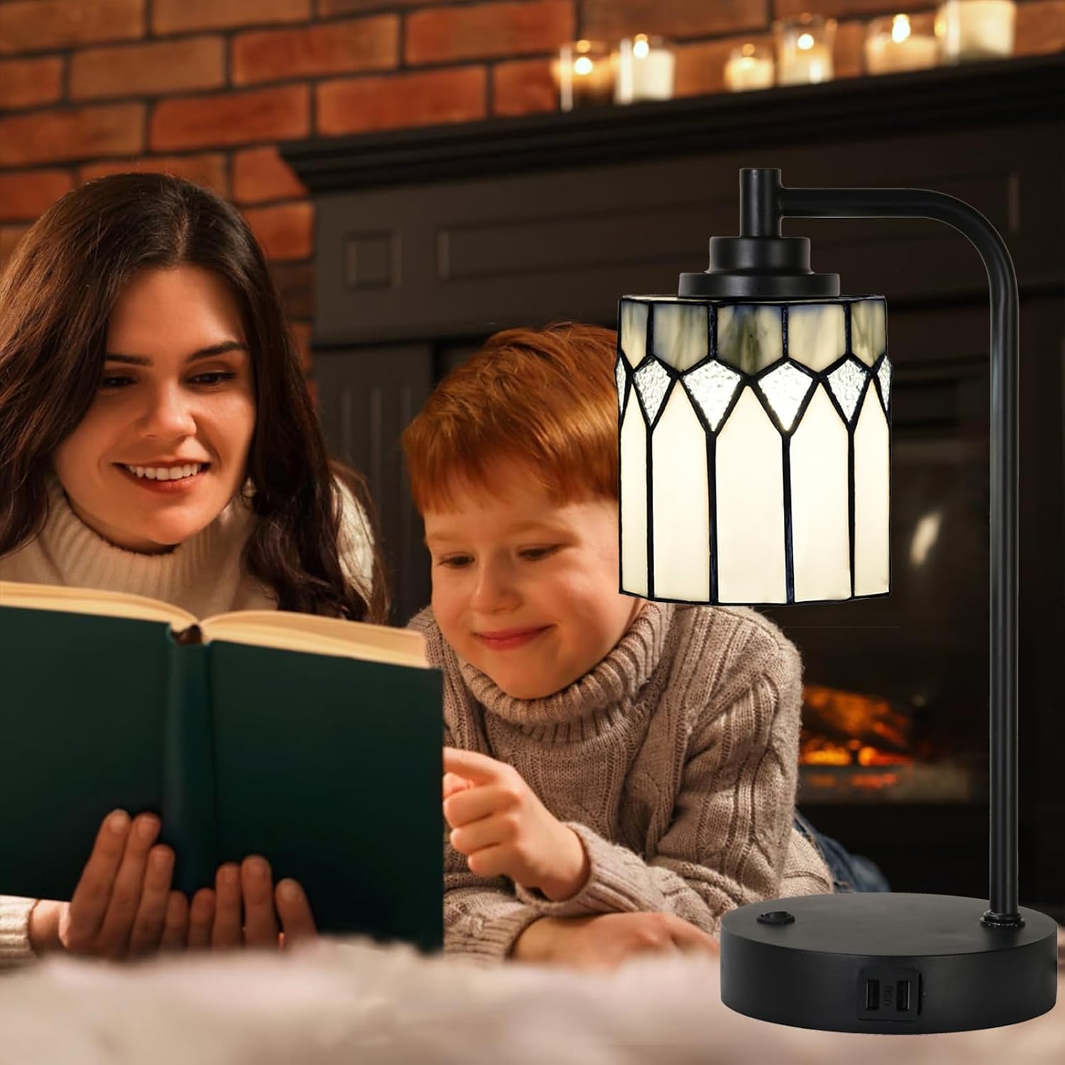 TL0019 Tiffany Table Lamp with 2 USB Charging Ports, Desk Lamp with Geometric Stained Glass Lamp Shade, Retro Nightstand H 14.5' for Bedrooms Office Study, LED Bulbs Included (Grey)