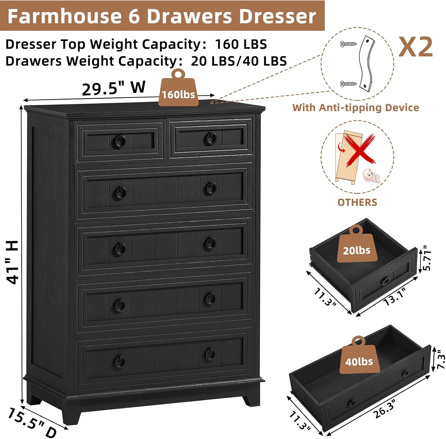 Joaxswe Farmhouse 6 Drawer Dresser for Bedroom Set of 2, 41' Tall Small Dressers & Chest of Drawers, Rustic Wood Dresser with Metal Handle, Storage Organizer Closet for Living Room, Hallway, Entryway