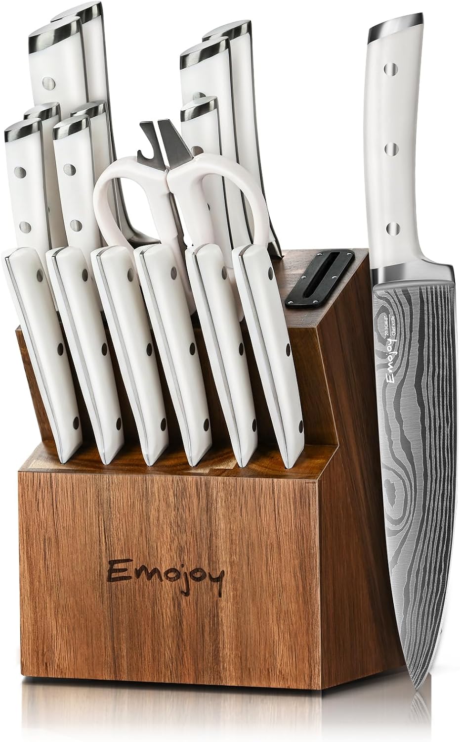Emojoy Knife Set, 18 Piece Kitchen Knife Set with Block and Built-in Sharpener, Full Tang German Steel Knife Block Set for Kitchen, Razor Sharp Knives Set with Wooden Block
