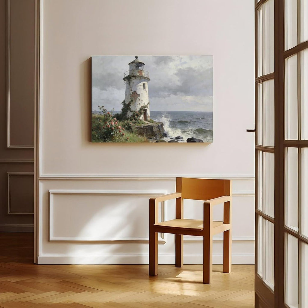 Frame Coastal Lighthouse Wall Art Poster Print, Vintage Rose Garden Seascape Painting, Nautical Ocean Waves Landscape Artwork Rustic Decor 24x36inch(60x90cm)