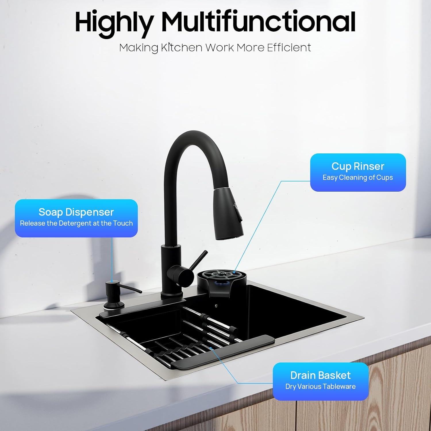 Kitchen Sink Drop-in Single Bowl Sinks, Workstation Handmade Undermount Sink with Pull-Out Faucet, Cup Washer & Accessories, Undermount Workstation Sink 65 * 45cm